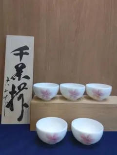 花と葉のデザイン 湯飲み 5個セット　木箱付き