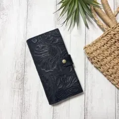 黒　花柄　手帳型iPhoneケース　スマホケース 本革　レザー　レザークラフト