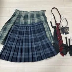 なんちゃって制服　緑と青のチェック柄スクールスカートとリボンタイセット