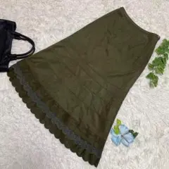 極美品　インゲボルグ　ロングフレアスカート　グリーン　スウェード　人口皮革　S