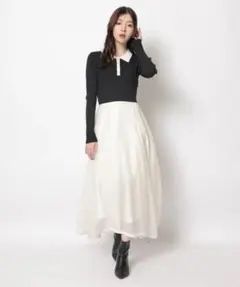 長袖ポロカラードッキングワンピース