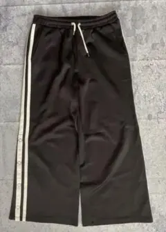 【トレンド】サイドライン ワイドパンツ スナップボタン ジャージ F 黒