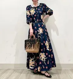 インゲボルグ ロングワンピース 総柄 襟 レース ウエストリボン