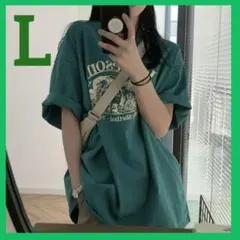 Tシャツ レディース 半袖 柄入り ルーズ 緑 Lサイズ