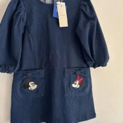 petit main デニムワンピース ミッキー・ミニー刺繍