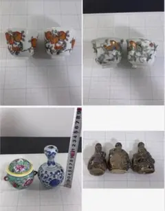 40.【九谷焼 雄山】ミニチュア 香炉 花瓶型 （陶器製）置物 3点セット