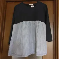 五分袖チュニック 黒・ストライプ LLサイズ