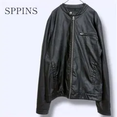 【スピンズ】フェイクレザージャケット ノーカラー ウォッシャブル ブラック L