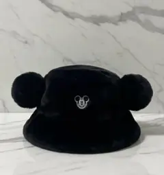 ミッキーマウス 耳付き黒帽子　バケットハット ファー フワフワ ディズニーランド