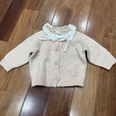 プティマイン　ピンクベージュ ニットカーディガン レース襟付き　Sサイズ