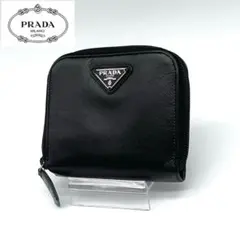 【美品】PRADA 二つ折り財布 レザー サフィアーノ 三角ロゴ ブラック 黒
