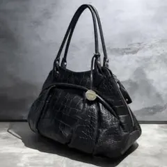 【美品】FURLA フルラ ハンドバッグ クロコ型押し レザー チャーム付き 黒