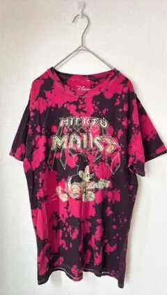 ディズニー Tシャツ クルーネック 半袖 タイダイ 柄 S 黒赤 コットン