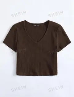 SHEIN ブラウン Vネック 半袖 Tシャツ S