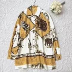 柄シャツ アンティーク調 レトロガール チェーン 長袖 XL 古着 8Ba 