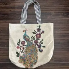 送料込⭐︎青い孔雀の刺繍トートバッグ　ピーコック　エスニック エコバッグ　アジアン