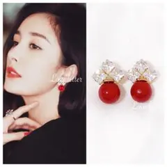 No.40 一粒パールビジューピアス レッド 韓国 上品 高見え 結婚式
