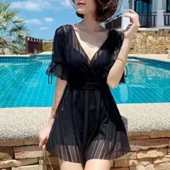 匿名配送 フリル袖ワンピース水着レース 水着 大きいサイズ L 黒 体型カバー