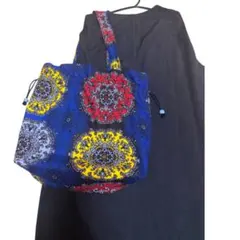 肩掛け2ウェイ巾着トート　アフリカン エコバッグ　赤青灰色　サークル　可愛い