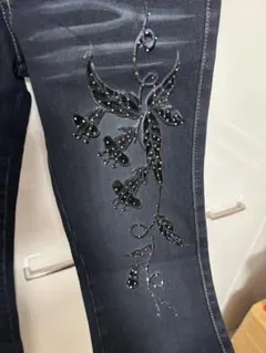 新品y2k フラワー刺繍ダークブルー フレアパンツ ジーンズ