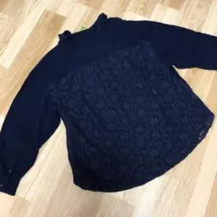 ネイビー レース切り替え 長袖スキッパーシャツブラウス Mサイズ