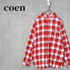 coen　コーエン　ブロックチェックネルシャツ　丸襟　秋冬　レッド系　サイズMのサムネイル