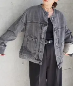 オーバーサイズノーカラーデニムツイルジャケット