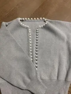 グレー パール装飾 長袖ニットセーター
