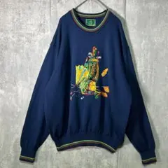 ヴィンテージ ３D 刺繍 ニット セーター リンガー ウール 紺 XL ゴルフ