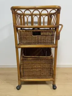 ラタン製ランドリーバスケットカート