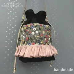 インド刺繍リボン　バック　巾着　ポーチ　ポシェット　ショルダーバッグ　サコッシュ