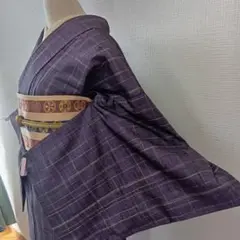 紫系　格子模様　紬　袷