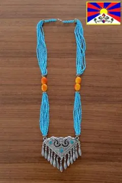 【一点物】チベット直輸入 エスニック ネックレス 大ぶり ターコイズブルー珊瑚風