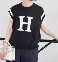 Spick & Span ロゴジャガード フレンチスリーブニット