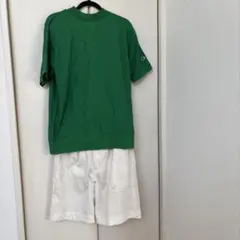Champion メッシュTシャツ グリーン　ホワイトショートパンツコーデ