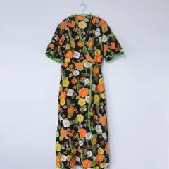 ヴィンテージ 花柄 ロングワンピース 半袖 カシュクール S 黒 橙 緑 綿