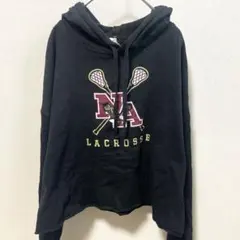 ニューアルバニー高校【L】フード付き クロップドパーカー 黒イーグルスラクロス