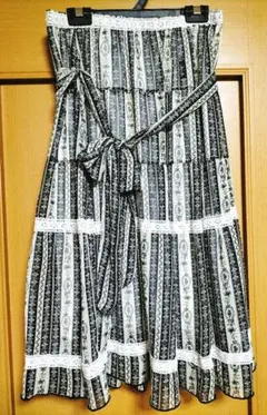 フレアスカート ストライプ 花柄・サッシュベルト・裏地・ウエストゴム付き