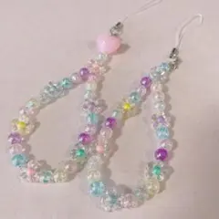 値下げカラフルビーズストラップ2個セット花ハートきらきらうるちゅる平成ゆめかわ