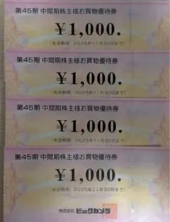ビックカメラ 株主優待券 4000円分 ( 1000円券 × 4枚 )