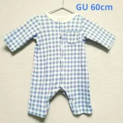 【美品 GU】 ベビー カバーオール 60cm ギンガムチェック 水色 長袖