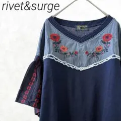 rivet&surge ニット セーター 七分袖 Ｖネック スリット 花柄刺繍