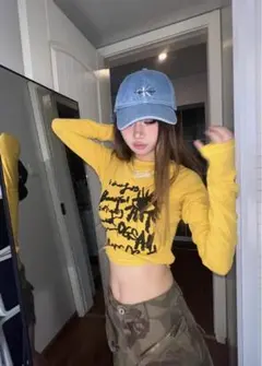 y2k イエロー 長袖 Tシャツ グラフィックプリント 平成ギャル