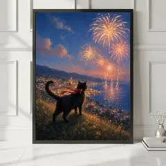【黒猫のいる風景】　海辺の丘で花火を見上げる黒猫　夜景　ポスターA4