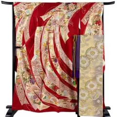 【振袖フルセット】身丈163cm 裄丈66cm 熨斗 松竹梅 金糸 金彩 朱色のサムネイル