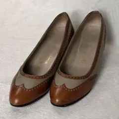 フェラガモ レザー×キャンバス パンプス 34½ ブラウン