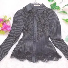 美品✨neuf cent neuf フリルシャツ 裾レースブラックストライプ