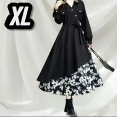 ラスト1点 新 韓国　ワンピース シャツ襟 アシメ　花柄　XL スリット　黒