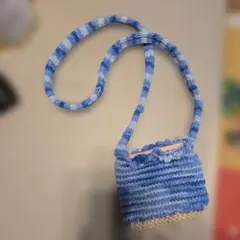 青系 編み物 スマホショルダーバッグ