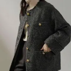 ノーカラーツイードジャケット　ラウンジドレス　ブラック　金ボタン